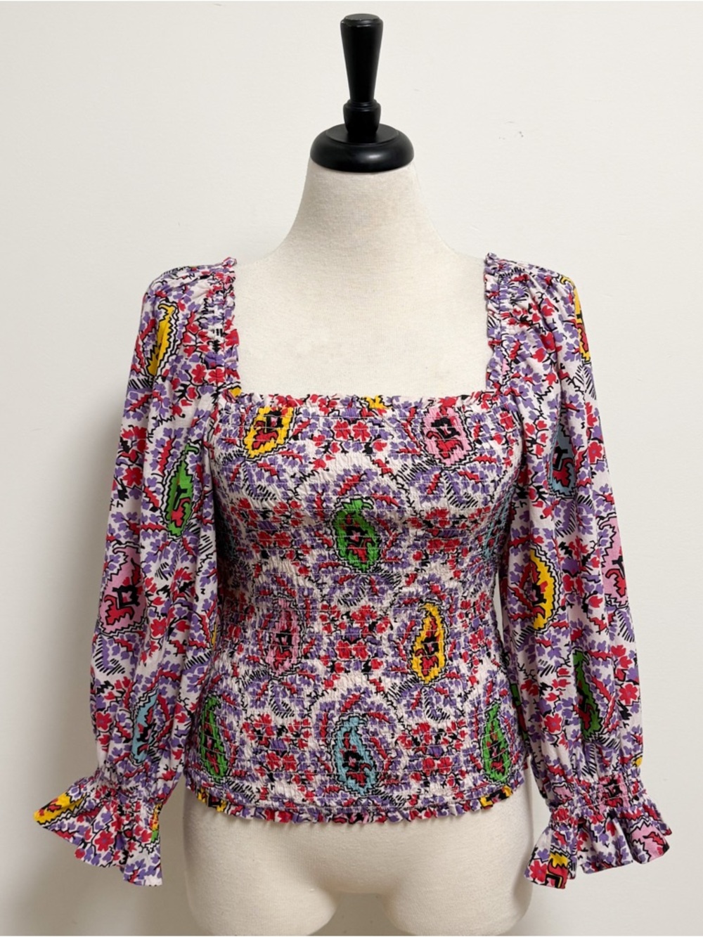 Rhode Alicia Paisley Floral Long Puff Sleeve Square Neck Smocked Cotton Top M